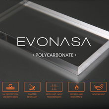 Load image into Gallery viewer, Polycarbonate sheet with the Evonasa logo and 5 images of the top 5 material properties