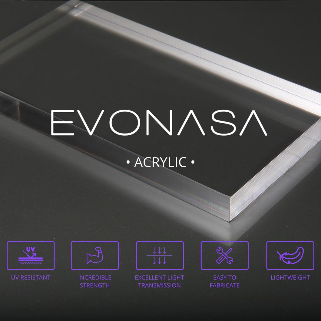 Acrylic sheet with Evonasa logo and 5 material properties