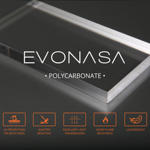 Load image into Gallery viewer, Polycarbonate sheet with the Evonasa logo and 5 images of the top 5 material properties
