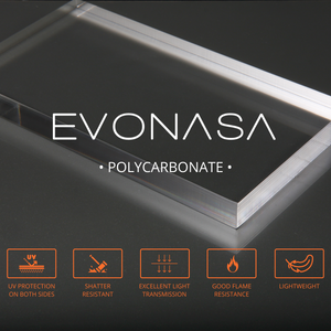Polycarbonate sheet with the Evonasa logo and 5 images of the top 5 material properties
