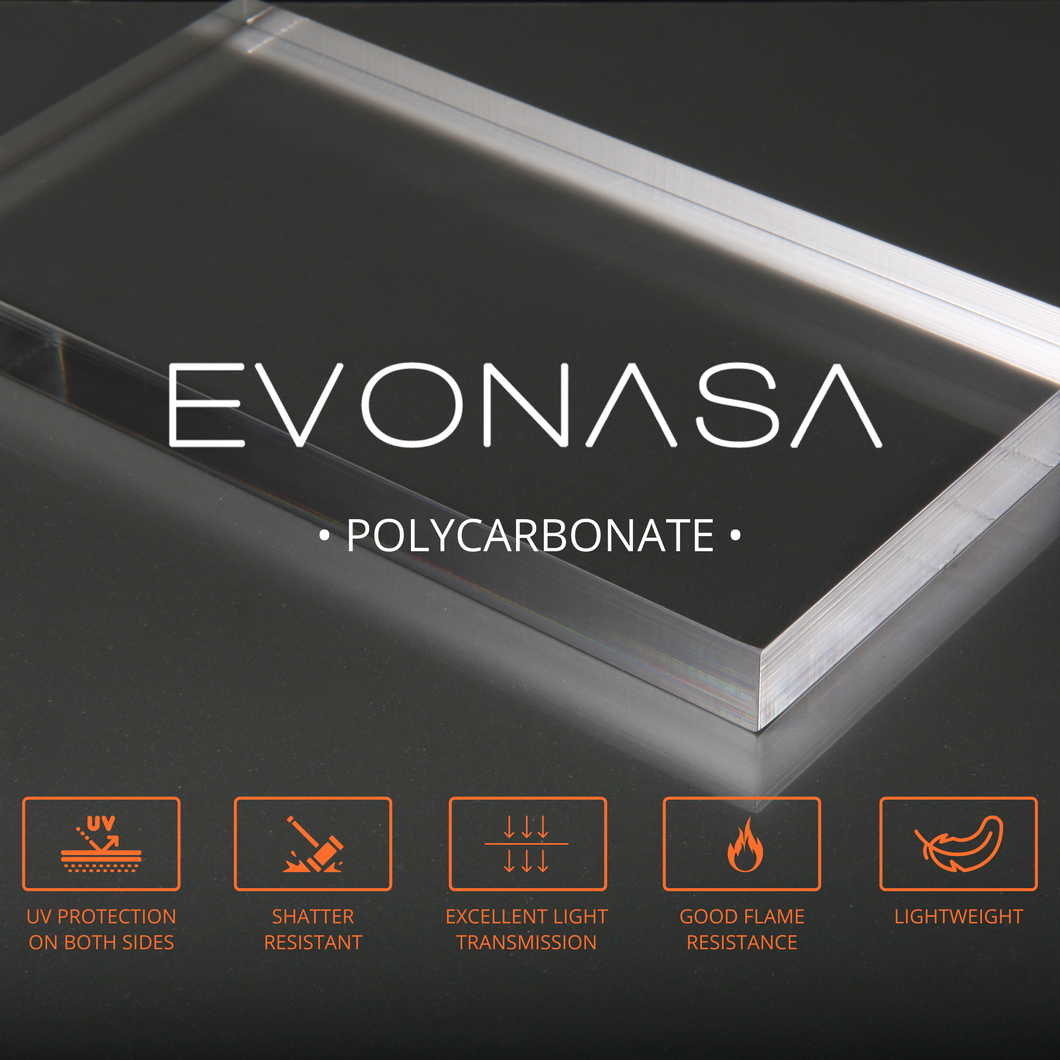 Polycarbonate sheet with the Evonasa logo and 5 images of the top 5 material properties